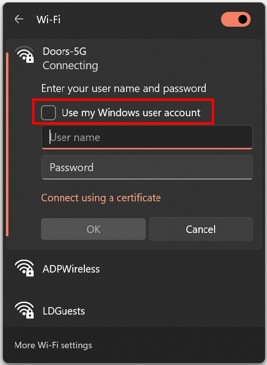 Connecting to wireless network on corporate windows device